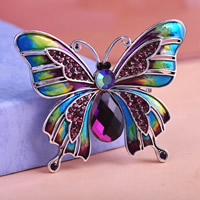 Broche émail, alliage de zinc, papillon, Plaqué de couleur d'argent, avec strass, protéger l'environnement, sans nickel, plomb et cadmium, 50x40mm, 5PC/lot, Vendu par lot