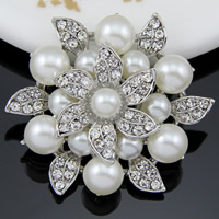 Vidro broche de pérolas, liga de zinco, with Pérola  de vidro, Flor, cromado de cor platina, com strass, branco, níquel, chumbo e cádmio livre, 40x40mm, 3PCs/Bag, vendido por Bag