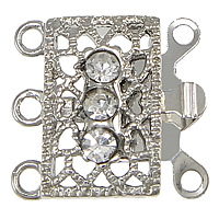 Fermoir à cliquet en laiton, rectangle, Placage de couleur platine, 3 brins & avec strass & creux, protéger l'environnement, sans nickel, plomb et cadmium, 17x16.50x4mm, Trou:Environ 1mm, 30PC/lot, Vendu par lot