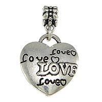 Pendentifs de style European en alliage de zinc , coeur, mot amour, Plaqué de couleur d'argent, sans filetage, protéger l'environnement, sans nickel, plomb et cadmium, 35.5mmuff0c 21x23.5x2.5mm, 6x10.5mm, Trou:Environ 5mm, 50PC/lot, Vendu par lot