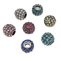 Zinc Alloy European perler, Rondelle, antik sølv farve forgyldt, uden trold & med rhinestone, flere farver til valg, nikkel, bly & cadmium fri, 9.50x10.50mm, Hole:Ca. 4.5mm, 30pc'er/Lot, Solgt af Lot