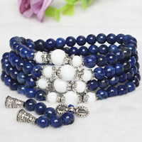 108 perles de Mala, lapis lazuli naturel, avec blanc de jade & corde en nylon & alliage de zinc, Rond, Plaqué de couleur d'argent, bijoux bouddhiste & 4 brins, protéger l'environnement, sans nickel, plomb et cadmium, 6mm, Longueur Environ 26 pouce, 5Strandstoron/lot, 108PC/brin, Vendu par lot