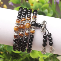 108 Mala kralen, Black Obsidian, met Tiger Eye & Nylon Koord & Zinc Alloy, Ronde, antiek zilver plated, boeddhistische sieraden & 4-strengs, nikkel, lood en cadmium vrij, 6mm, Lengte Ca 26 inch, 5strengen/Lot, 108pC's/Strand, Verkocht door Lot