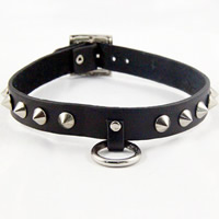 Mode Collier Choker, cuir de peau de vache, avec laiton & alliage de zinc, beignet, Placage de couleur platine, with rivet stud & le style de punk & réglable, noire, protéger l'environnement, sans nickel, plomb et cadmium, 19mm, Longueur Environ 16 pouce, 10Strandstoron/lot, Vendu par lot