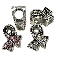 Zinc Alloy European perler, Awareness Ribbon, antik sølv farve forgyldt, uden trold & med rhinestone, flere farver til valg, nikkel, bly & cadmium fri, 11x13x7mm, Hole:Ca. 5mm, 200pc'er/Lot, Solgt af Lot