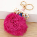 Kuglasta kugla Pom Pom Keychain, Cink Alloy, s Rabbit kose, Kruna, zlatna boja pozlaćen, s Rhinestone, svijetlo ružičast crveno, dovesti i nikla besplatno, 65mm, Prodano Per Približno 2.56 inčni Strand