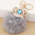 Kuglasta kugla Pom Pom Keychain, Cink Alloy, s Rabbit kose, Kruna, zlatna boja pozlaćen, s Rhinestone, siv, dovesti i kadmija besplatno, 65mm, Prodano Per Približno 2.56 inčni Strand