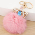 Kuglasta kugla Pom Pom Keychain, Cink Alloy, s Rabbit kose, Kruna, zlatna boja pozlaćen, s Rhinestone, roze, dovesti i kadmija besplatno, 65mm, Prodano Per Približno 2.56 inčni Strand