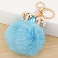 Bola de piel Pom Pom Keychain, aleación de zinc, con Pelo de conejo, Corona, chapado en color dorado, con diamantes de imitación, azul claro, libre de plomo & cadmio, 65mm, Vendido para aproximado 2.56 Inch Sarta