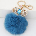 Pom Pom Keychain da bola da pele, liga de zinco, with Cabelo do coelho, Coroa, cromado de cor dourada, com strass, azul, Chumbo e cádmio livre, 65mm, vendido para Aprox 2.56 inchaltura Strand