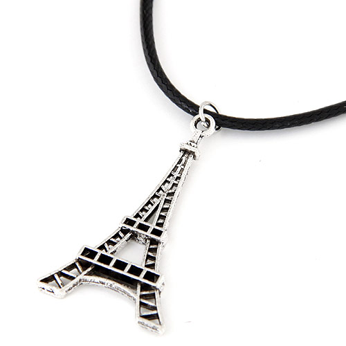 Collier cordon en Nylon ciré, alliage de zinc, avec Ciré Nylon, Tour Eiffel, Plaqué de couleur d'argent, sans plomb et cadmium, 420x45x25mm, Vendu par 16.54 pouce brin