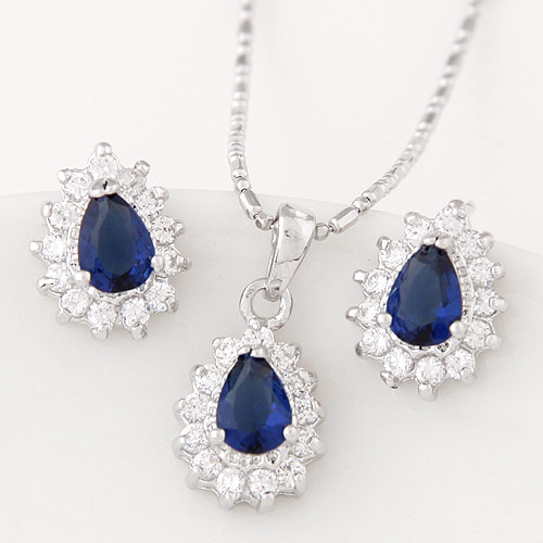 Micro zirconi Pave ottone Jewelry Set, orecchino & Collana, Lacrima, placcato color platino, con zirconi cubici, blu, assenza di nichel,piombo&cadmio, 12mm, Lunghezza Appross. 15.75 pollice, Venduto da set