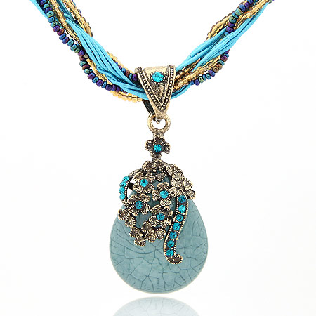 Collier résine, alliage de zinc, avec perles de rocaille en verre & résine, larme, Plaqué de couleur de bronze antique, bleu, sans plomb et cadmium, 400x70x30mm, Vendu par Environ 15.75 pouce brin