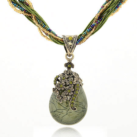 Collier résine, alliage de zinc, avec perles de rocaille en verre & résine, larme, Plaqué de couleur de bronze antique, vert, sans plomb et cadmium, 400x70x30mm, Vendu par Environ 15.75 pouce brin