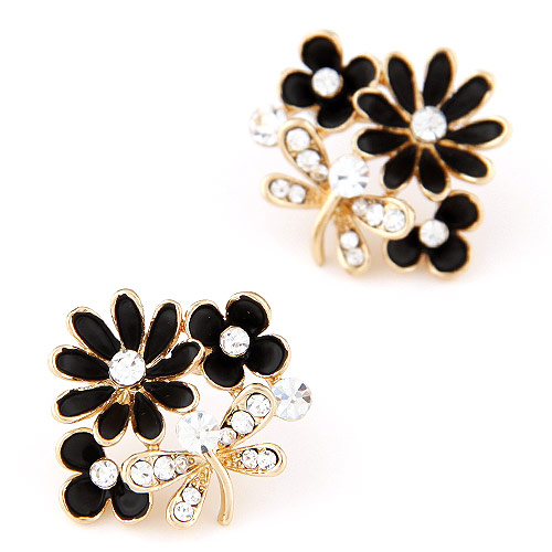 Zinc Alloy Stud Earring with Czech Rhinestone Flower gold color plated enamel black lead & cadmium free Sold By Pair