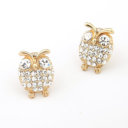 Strass Earring, Zinc Alloy, met Tsjechisch, Uil, gold plated, lood en cadmium vrij, 18x14mm, Verkocht door pair