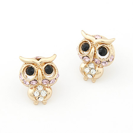 Øremærkning af zinklegeret stud, Zinc Alloy, med Rhinestone, Owl, guldfarve belagt, bly & cadmium fri, 17x13mm, Solgt af par