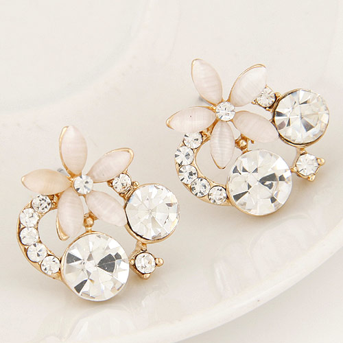 Zinklegering oorknoppen, Zinc Alloy, Bloem, gold plated, met strass, duidelijk, lood en cadmium vrij, 20mm, Verkocht door pair