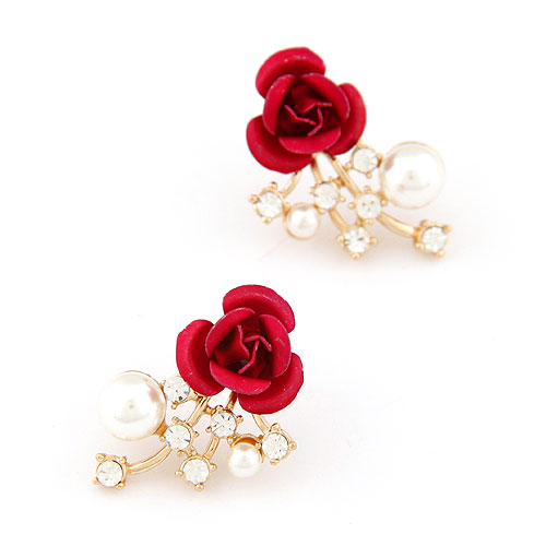 Rhinestone Ørering, Zinc Alloy, med Glass Pearl & Rhinestone, Flower, ægte forgyldt, bly & cadmium fri, 26x16mm, Solgt af par