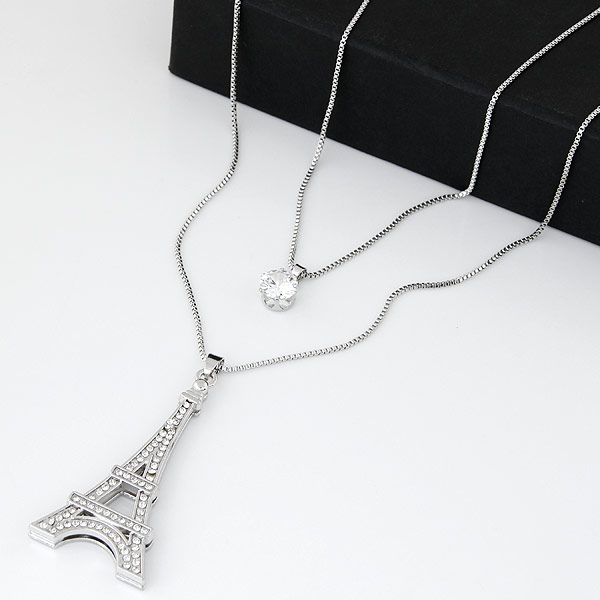 Sinc Alloy geansaí Necklace Slabhra, le slabhra iarann, Eiffel Túr, dath platanam plátáilte, slabhra bosca & le rhinestone & 2-snáithe, luaidhe & caidmiam saor in aisce, 700x550mm, Díolta Per Thart 27.56 Inse Snáithe