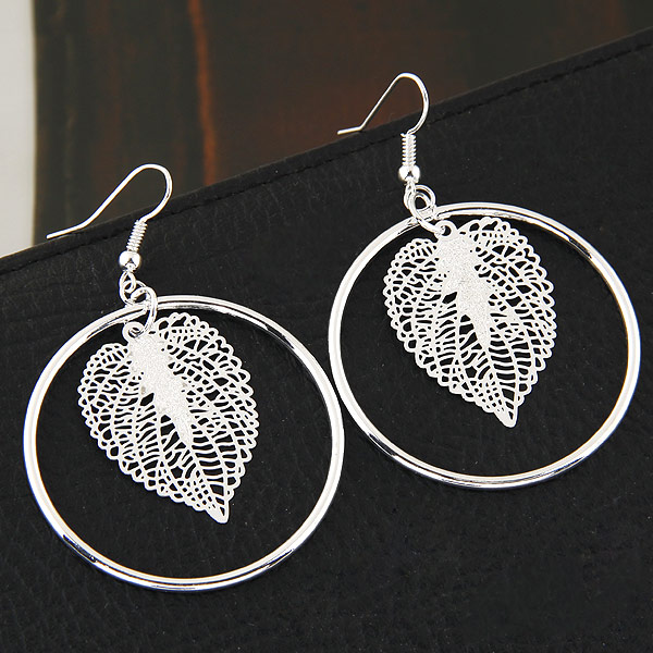 Zinc Alloy Drop Earring, Leaf, platin farve forgyldt, bly & cadmium fri, 60x42mm, Solgt af par