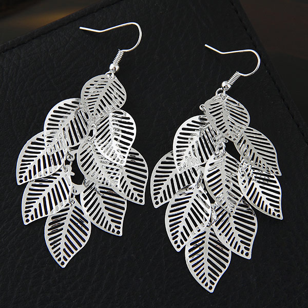 Zinc Alloy Drop Earring, Leaf, platin farve forgyldt, bly & cadmium fri, 78x28mm, Solgt af par