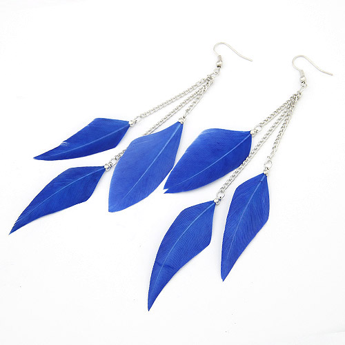 Mode Feather Earring, Zinc Alloy, met Veer, Veer, platinum plated, blauw, lood en cadmium vrij, 120mm, Verkocht door PC