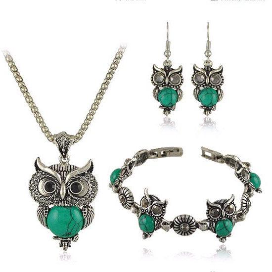 Turkis Smykke sæt, armbånd & ørering & halskæde, Zinc Alloy, med Syntetisk Turkis, med 5cm extender kæde, Owl, forgyldt, lanterne kæde & med rhinestone, bly & cadmium fri, 480mm, Længde Ca. 19 inch, Ca. 7 inch, Solgt af sæt