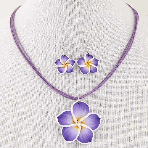 argilla polimero set di gioielli fashion, orecchino & Collana, with Cerato filo di nylon, Fiore, fatto a mano, viola, 40mm, 43x20mm, Lunghezza Appross. 15.5 pollice, Venduto da set