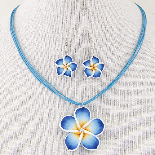 Polymer Clay Smykker Set, ørering & halskæde, med Vokset Hamp Cord, Flower, håndlavet, 400x40x20mm, Længde 15.75 inch, Solgt af sæt