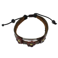 Rindsleder Armband, Kuhhaut, mit Nylonschnur & Holz & Zinklegierung, Blume, plattiert, einstellbar & 3-Strang, dunkle Kaffee-Farbe, 14x14x4mm, 3mm, 6mm, Länge 7-10 ZollInch, 5SträngeStrang/Menge, verkauft von Menge