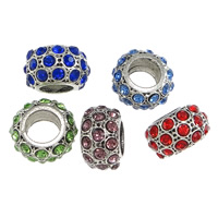 alliage de zinc perle à grand trou, rondelle, Plaqué de couleur d'argent, avec strass, plus de couleurs à choisir, protéger l'environnement, sans nickel, plomb et cadmium, 7x12mm, Trou:Environ 6mm, 50PC/lot, Vendu par lot