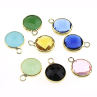 Bijoux pendentifs en laiton, avec verre, Plat rond, Placage de couleur d'or, facettes, couleurs mélangées, protéger l'environnement, sans nickel, plomb et cadmium, 10x10x5mm, Trou:Environ 1.5mm, 30PC/lot, Vendu par lot