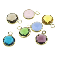 Bijoux pendentifs en laiton, avec verre, Plat rond, Placage de couleur d'or, facettes, couleurs mélangées, protéger l'environnement, sans nickel, plomb et cadmium, 8x8x4mm, Trou:Environ 1.5mm, 30PC/lot, Vendu par lot