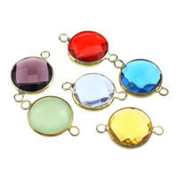 Conector de Cristal, metal, con Vidrio, Redondo aplanado, chapado en color dorado, facetas & 1/1 aro, color mixto, libre de níquel, plomo & cadmio, 21x14x6mm, agujero:aproximado 2mm, 20PCs/Grupo, Vendido por Grupo