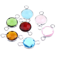 Glass Connector Brass with Glass Flat Round silver color plated faceted & 1/1 loop mixed colors nickel lead & cadmium free Approx 1.5mm Sold By Lot