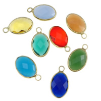 Bijoux pendentifs en laiton, avec verre, ovale plat, Placage de couleur d'or, facettes, couleurs mélangées, protéger l'environnement, sans nickel, plomb et cadmium, 10x14x4mm, Trou:Environ 2mm, 20PC/lot, Vendu par lot