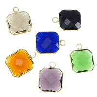 Messing Schmuck Anhänger, mit Glas, Quadrat, goldfarben plattiert, facettierte, gemischte Farben, frei von Nickel, Blei & Kadmium, 12x12x5mm, Bohrung:ca. 2mm, 20PCs/Menge, verkauft von Menge