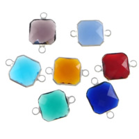 Glas-kontakt, Mässing, med Glas, Square, silver pläterad, fasetterad & 1/1 slinga, blandade färger, nickel, bly och kadmium gratis, 12x12x5mm, Hål:Ca 2mm, 20PC/Lot, Säljs av Lot