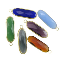 Bijoux pendentifs en laiton, avec verre, ovale plat, Placage de couleur d'or, facettes, couleurs mélangées, protéger l'environnement, sans nickel, plomb et cadmium, 9x27x5mm, Trou:Environ 2.5mm, 20PC/lot, Vendu par lot