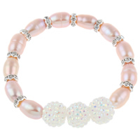 Sötvatten odlade Pearl Bracelet, Freshwater Pearl, med rhinestone mässing spacer & Harts, Ris, naturlig, med strass, rosa, 7-8mm, 11x10mm, Såld Per Ca 6.5 inch Strand