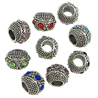 Zinc Alloy European perler, Drum, antik sølv farve forgyldt, uden trold & med rhinestone, flere farver til valg, nikkel, bly & cadmium fri, 9x11mm, Hole:Ca. 5mm, 100pc'er/Lot, Solgt af Lot