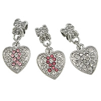 European Zinc Alloy Pendler, Heart, platin farve forgyldt, uden trold & med rhinestone, blandede farver, nikkel, bly & cadmium fri, 28mm, 14x16x2mm, 6x11x7mm, Hole:Ca. 5mm, 100pc'er/Lot, Solgt af Lot