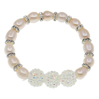 Fionnuisce saothraithe Pearl Bracelet, Pearl Fionnuisce, le spacer práis rhinestone & Roisín, Rís, nádúrtha, le rhinestone, solas corcra, 7-8mm, 3x6mm, 12mm, Díolta Per Thart 5.5 Inse Snáithe