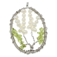 Pendentifs perles d'eau douce, laiton, avec perle & quartz vert, Placage de couleur platine, protéger l'environnement, sans nickel, plomb et cadmium, 34x53x5mm, Trou:Environ 4mm, Vendu par PC