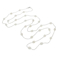 Collier en perles d'eau douce Pull, perle d'eau douce cultivée, avec chaîne en laiton, riz, naturel, chaîne à billes, blanc, 7-8mm, Vendu par Environ 47 pouce brin