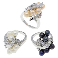 Freshwater Pearl fingerring, Messing, med perle, Oval, platin farve forgyldt, med cubic zirconia, blandede farver, nikkel, bly & cadmium fri, 5-6mm, 23x32x27mm, Størrelse:9, 36pc'er/Box, Solgt af Box