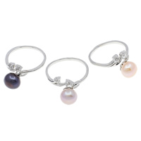 Freshwater Pearl fingerring, Messing, med perle, Flad Rund, platin farve forgyldt, med cubic zirconia, blandede farver, nikkel, bly & cadmium fri, 9-10mm, 21x28x14mm, Størrelse:9, 36pc'er/Box, Solgt af Box