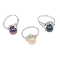 Sötvatten Pearl Finger Ring, Mässing, med pärla, Flat Round, platina pläterad, med strass, blandade färger, nickel, bly och kadmium gratis, 8-9mm, 21x38x14mm, Storlek:5-6, 36PC/Box, Säljs av Box