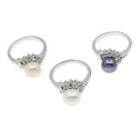 Freshwater Pearl fingerring, Messing, med perle, messing karabinlås, med 5.5cm extender kæde, Flad Rund, platin farve forgyldt, med cubic zirconia, blandede farver, nikkel, bly & cadmium fri, 9-10mm, 22x30x12mm, Størrelse:7.5, 36pc'er/Box, Solgt af Box